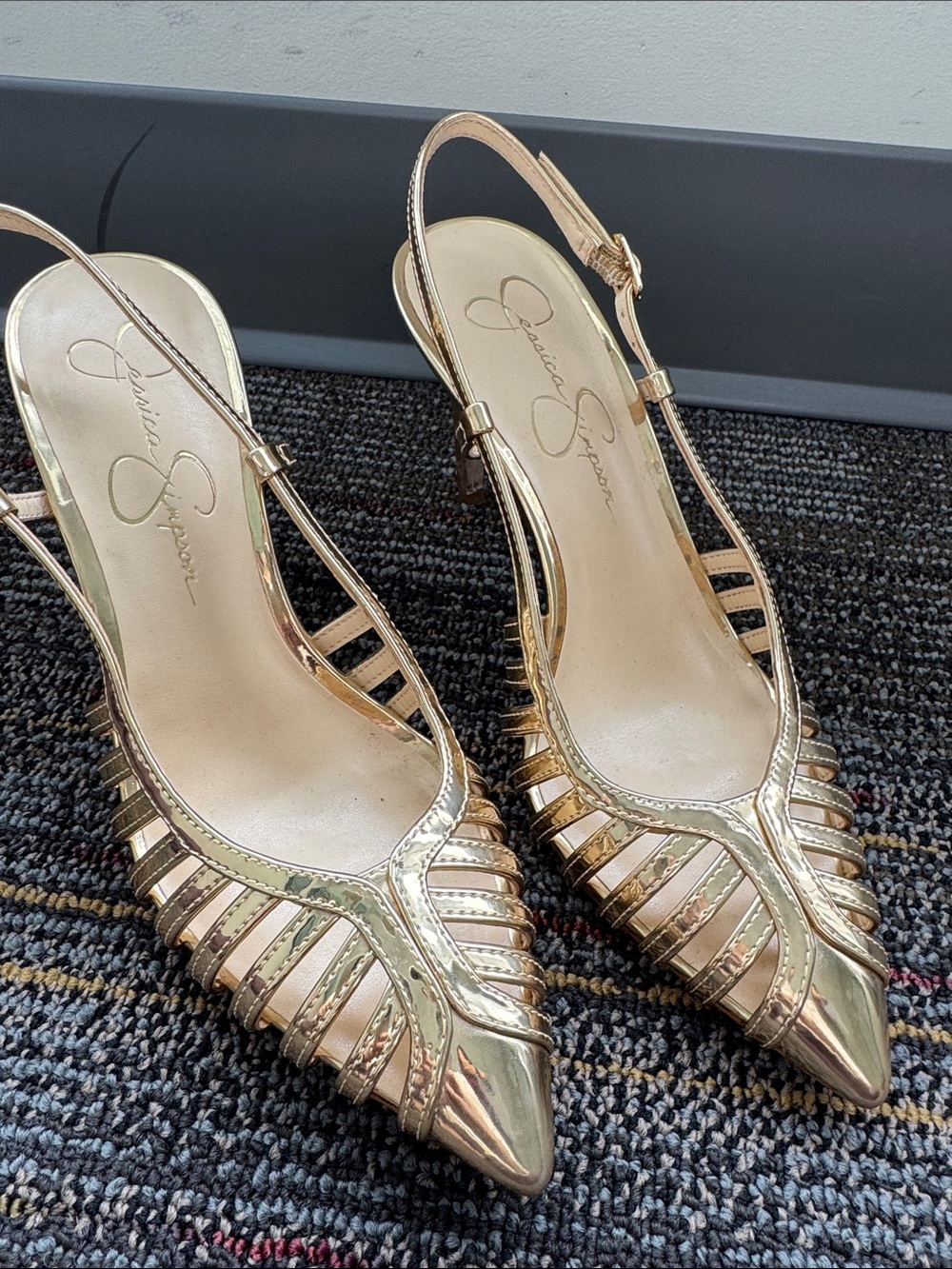 Jessica Simpson Metallic Gold Strappy Pointed Slingbacks
